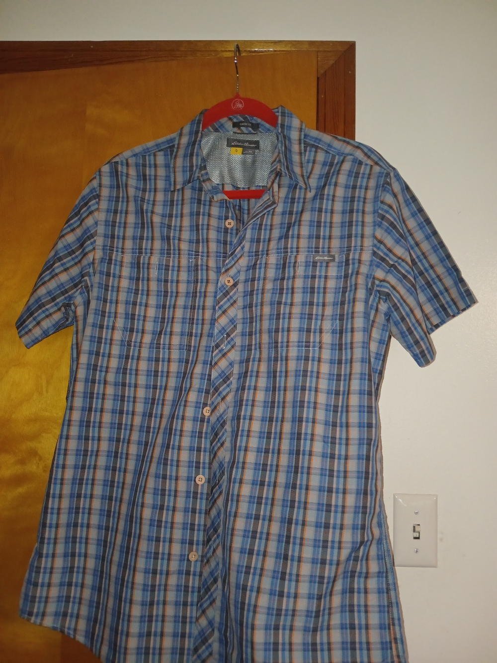 Eddie Bauer Blue and Tan Plaid Short-Sleeve Button-Down Shirt